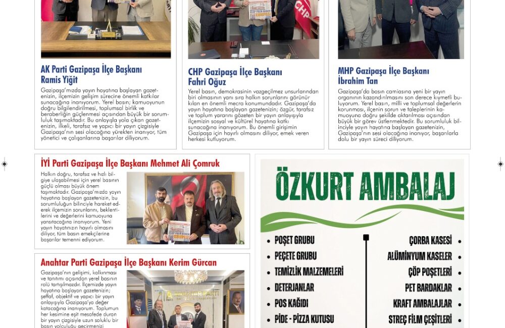 Yeni yılda yayın hayatına başlayan gazeteniz Gazipaşa Güneş Ailesine tebrik