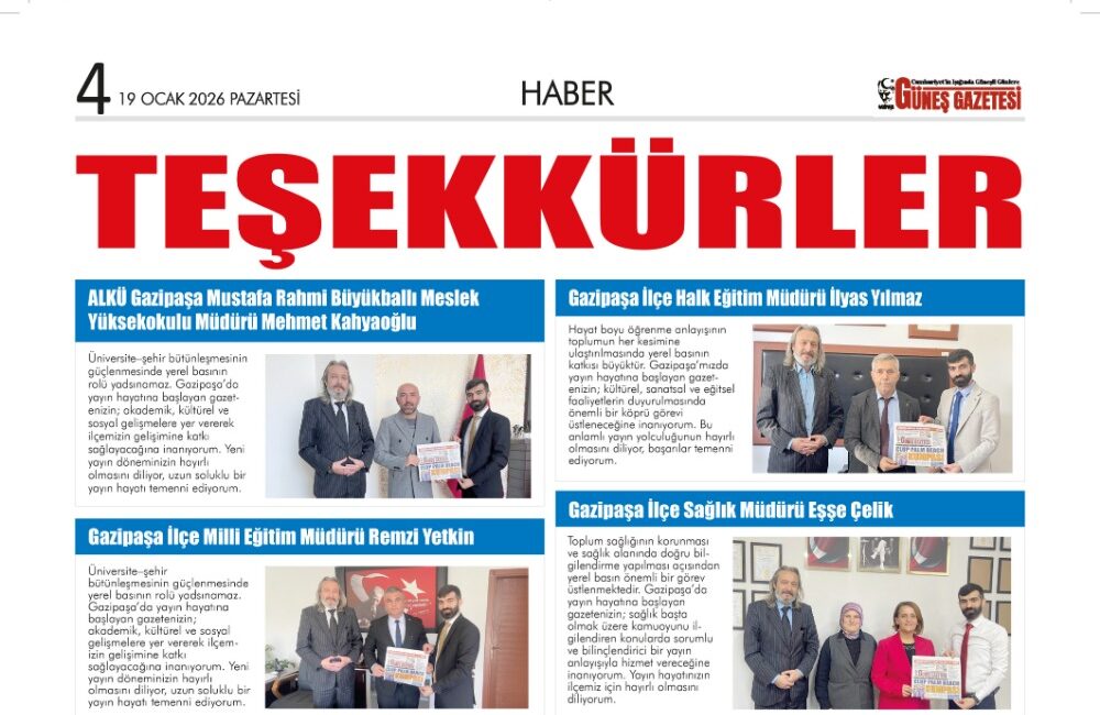 Yeni yılda yayın hayatına başlayan gazeteniz Gazipaşa Güneş Gazetesi olarak