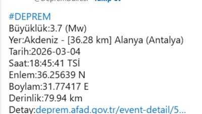 AFAD, Akdeniz'de Antalya'nın Alanya ilçesinin 36.28 kilometre açıklarından 3.7 büyüklüğünde