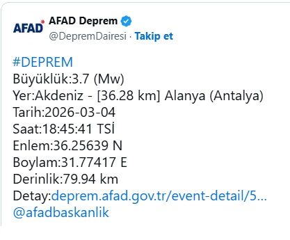 AFAD, Akdeniz'de Antalya'nın Alanya ilçesinin 36.28 kilometre açıklarından 3.7 büyüklüğünde